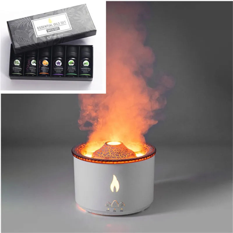 Ultrasonic aromatherapy diffuser with volcano flame lamp simulation, 350ml capacity, blue flame bead colour