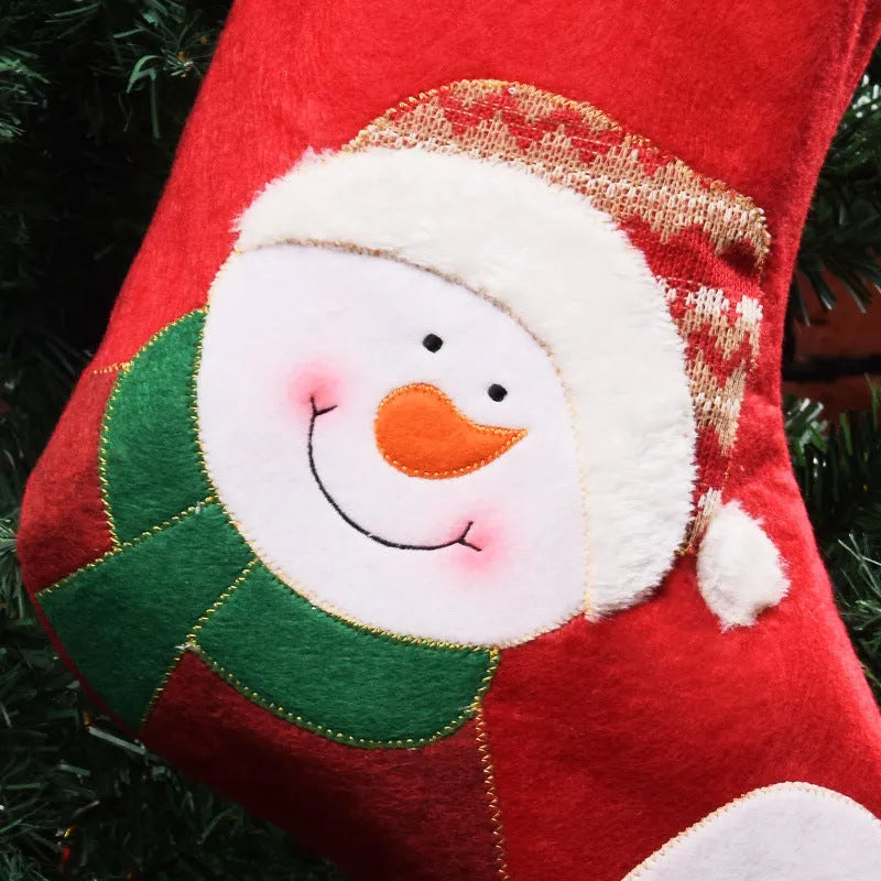 Christmas stocking with elderly snowman and elk decorative designs in non-woven fabric