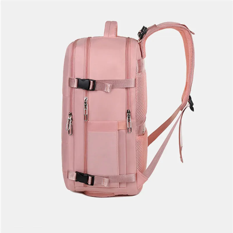 Purple large-capacity travel backpack with multiple compartments and air-pillow shoulder straps.