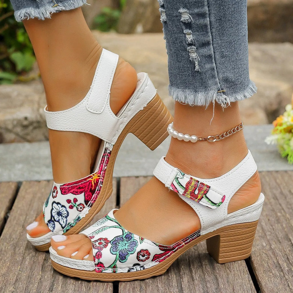 White women's high heel sandals with an adjustable Velcro strap buckle on the ankle.