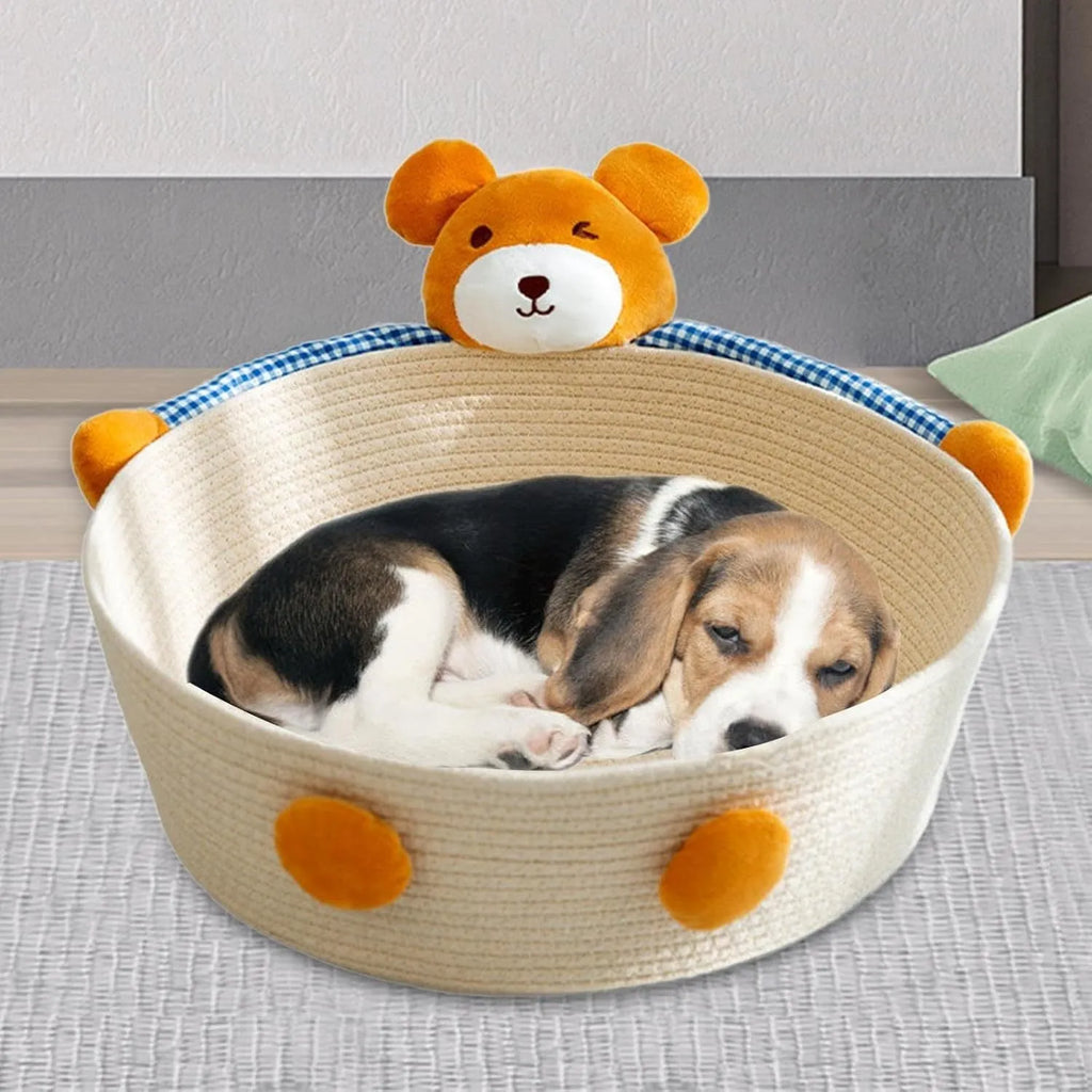 Cotton rope woven basket cat bed with integrated scratching surface, shown in bear design.