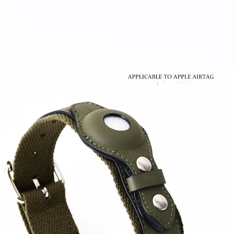 Leather pet collar with AirTag holder in bear brown colour with metal buckle and stitched pocket