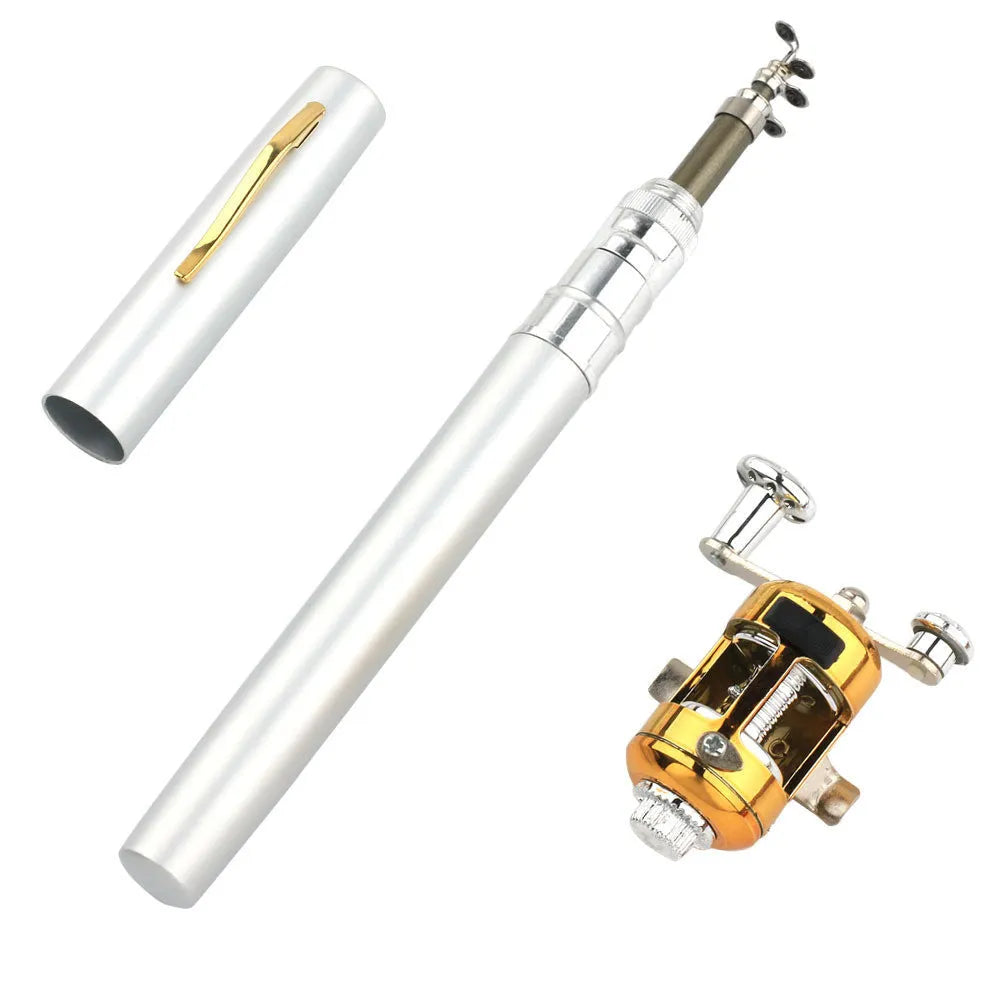 Compact telescopic pocket fishing rod kit with ST5RL reel in aluminium pen case, shown collapsed and extended.