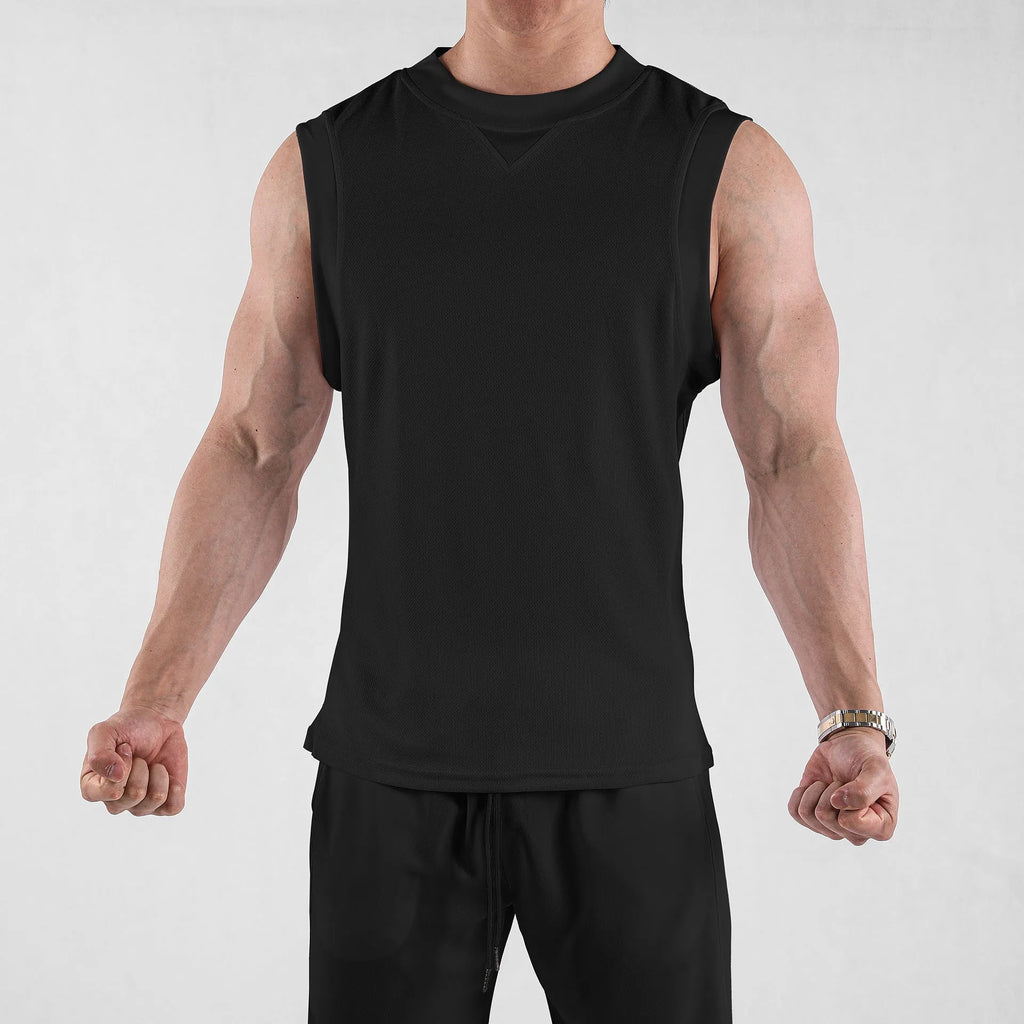Men's loose-fitting white sports vest made from quick-dry polyester blend fabric.