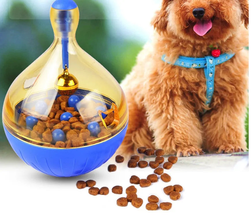 Blue Tumbler Food Leaker dog toy ball with bell, 13.5cm tall, for small and medium dogs