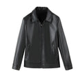 Black men's loose-fit PU leather jacket with zip and pockets on a mannequin