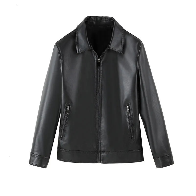 Black men's loose-fit PU leather jacket with zip and pockets on a mannequin