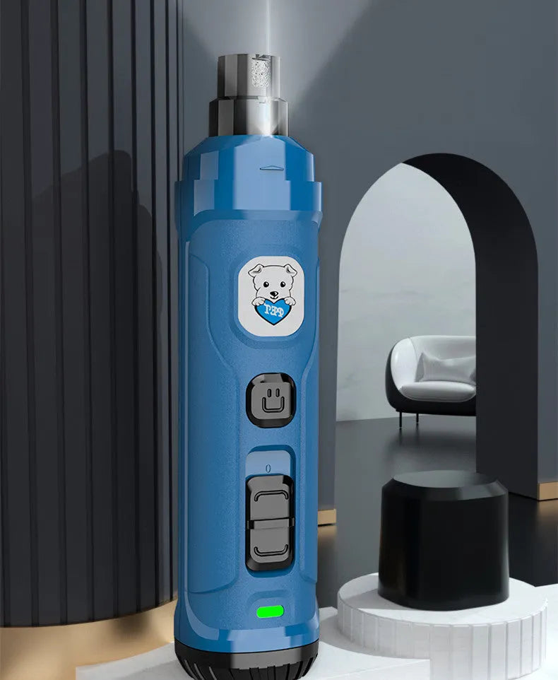 Blue pet electric nail sharpener with USB charging cable on white background