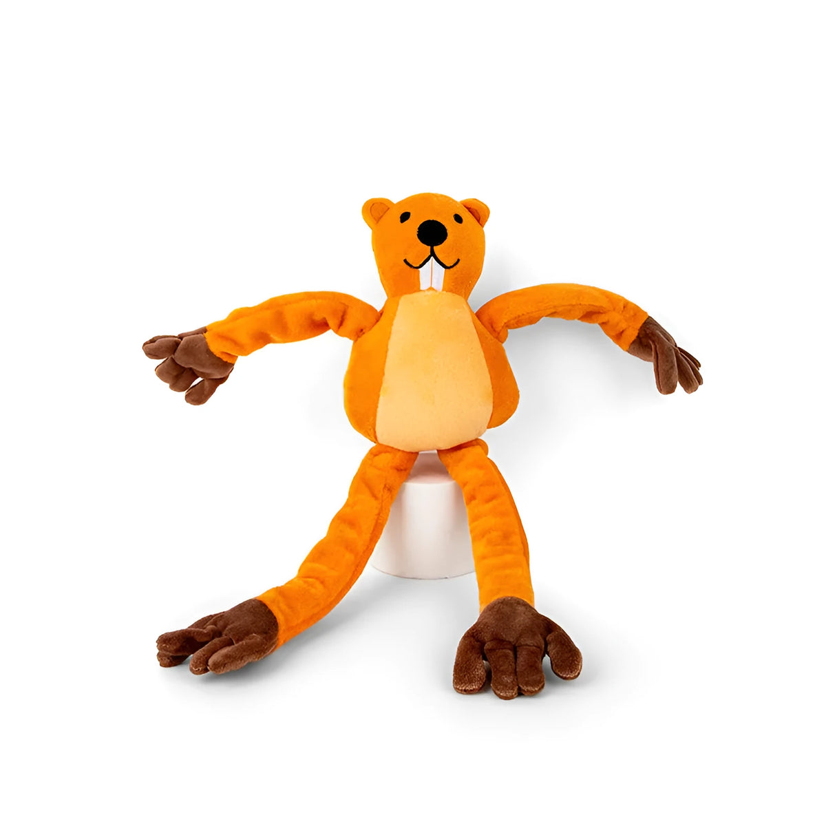 Orange soft plush dog toy with noise-maker for tug-of-war and chewing play