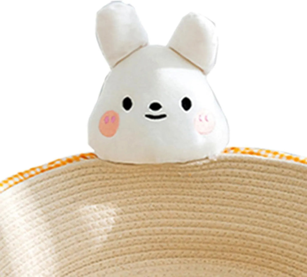 Cotton rope woven basket cat bed with integrated scratching surface, shown in bear design.
