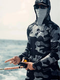 Huk long sleeve performance fishing shirt with crew neck and mesh side panels.