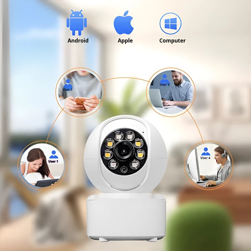 White ceiling-mounted indoor security camera with a lens and infrared LEDs