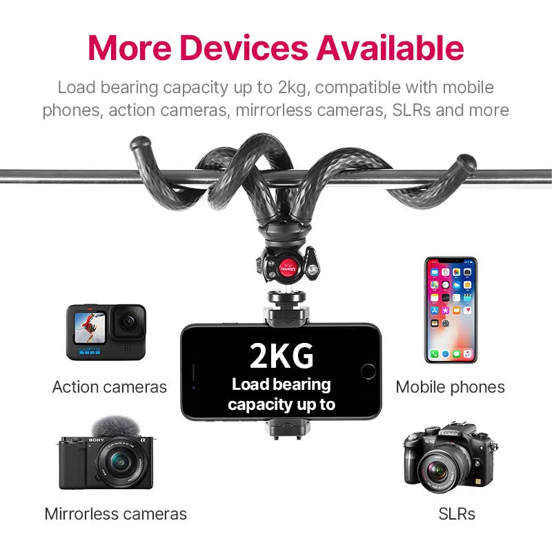 Black flexible octopus tripod with phone clip extended to 360mm