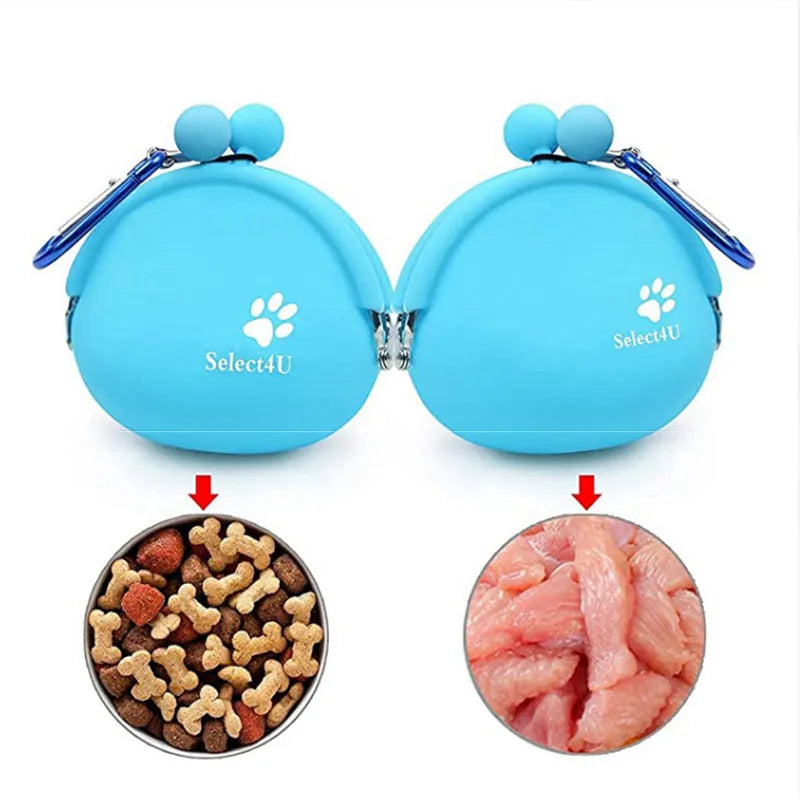 Yellow silicone dog training treat bag with hook-and-loop strap, shown attached to a waistband.