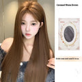 Warm brown lace front wig with centre-parted bangs and long straight synthetic hair