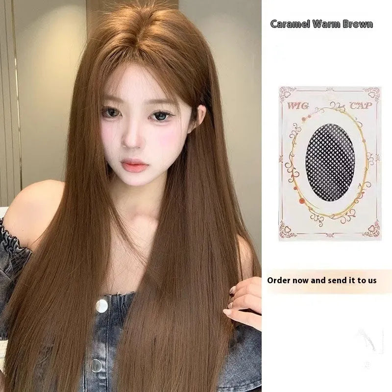 Warm brown lace front wig with centre-parted bangs and long straight synthetic hair