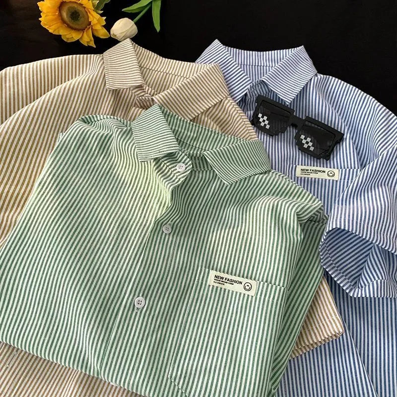 Blue and green striped loose fit polyester shirt with half sleeves