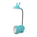 Cartoon-themed USB table lamp with pen container in green, dark blue, or pink plastic