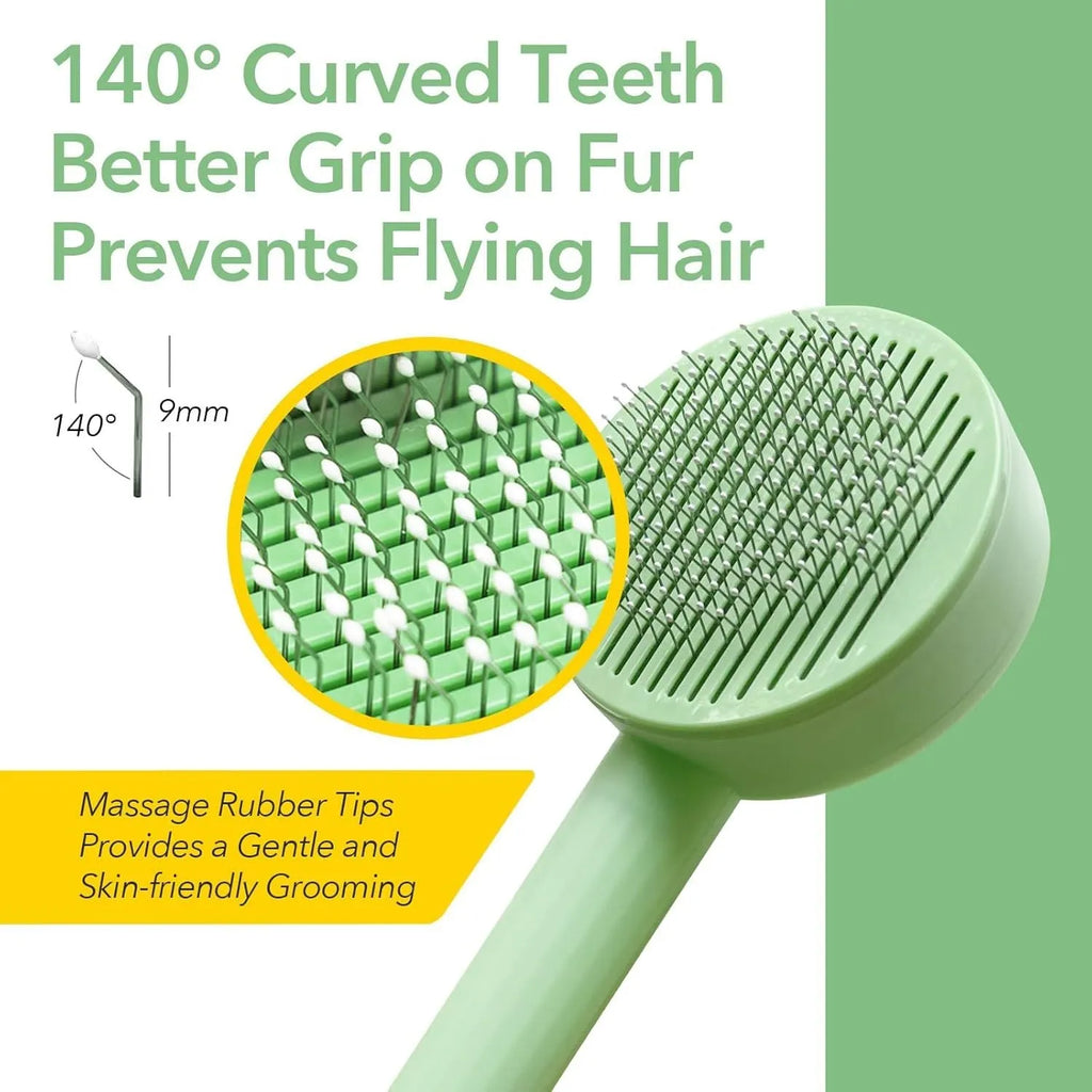 Green pet grooming brush with stainless steel bristles and hanging loop