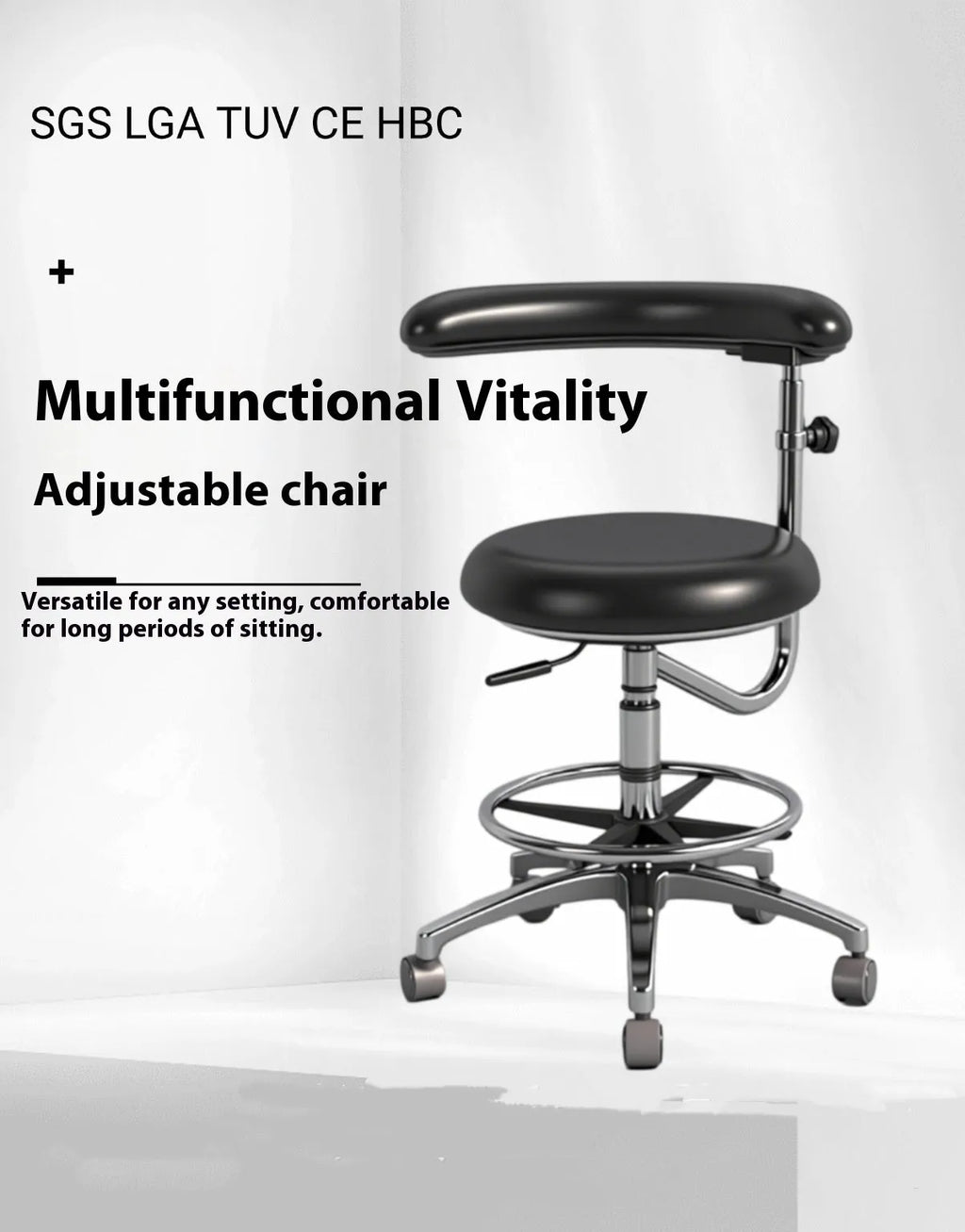 Black leather dental hospital chair used as a patient lift and dentist seat.