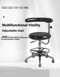 Black leather dental hospital chair used as a patient lift and dentist seat.