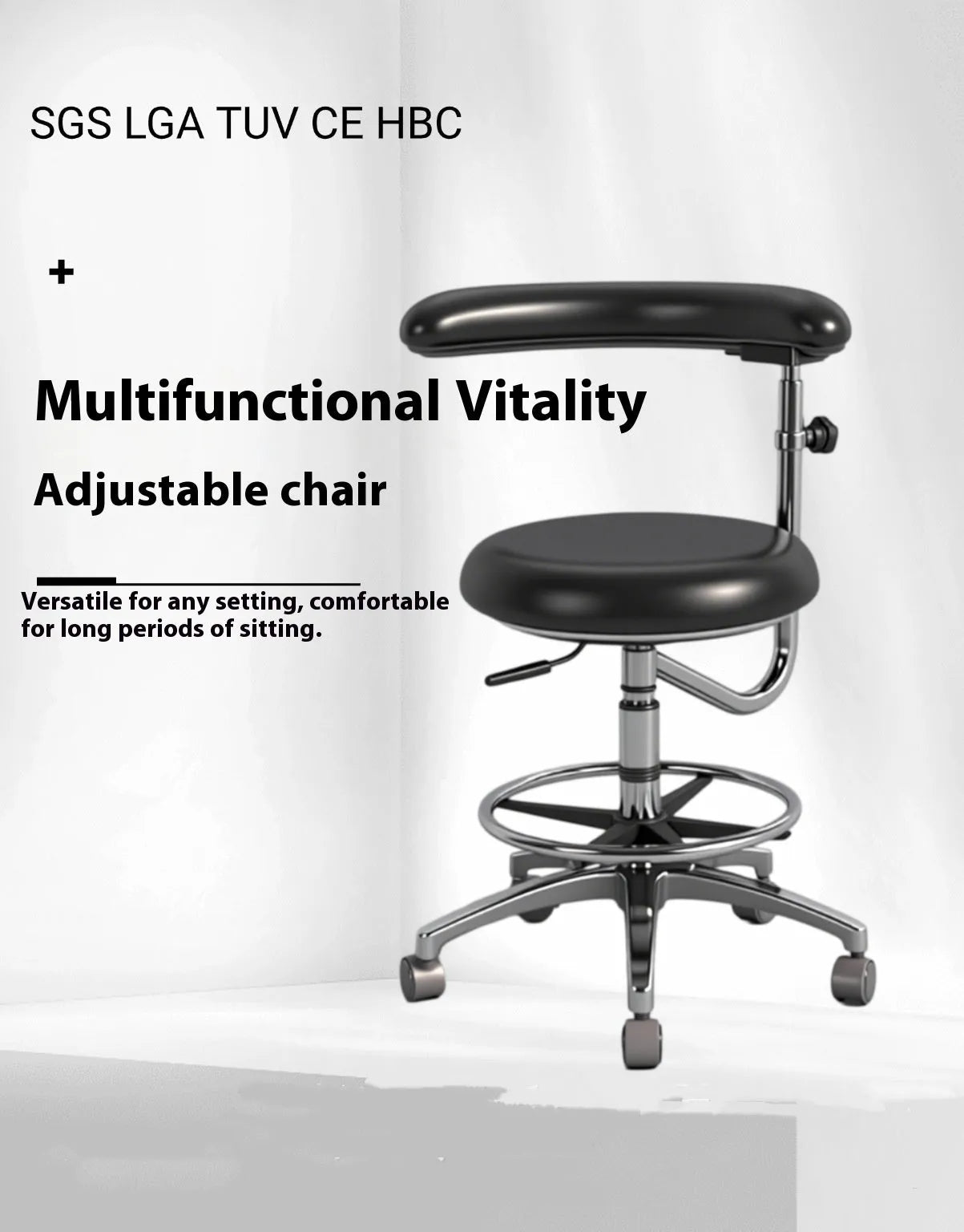Black leather dental hospital chair used as a patient lift and dentist seat.