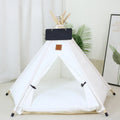 White striped linen teepee tent for small dog or cat with a removable cushion inside.