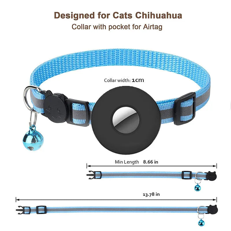 Reflective nylon Airtag collar with bell and safety buckle, adjustable 22-35 cm for cats and small dogs