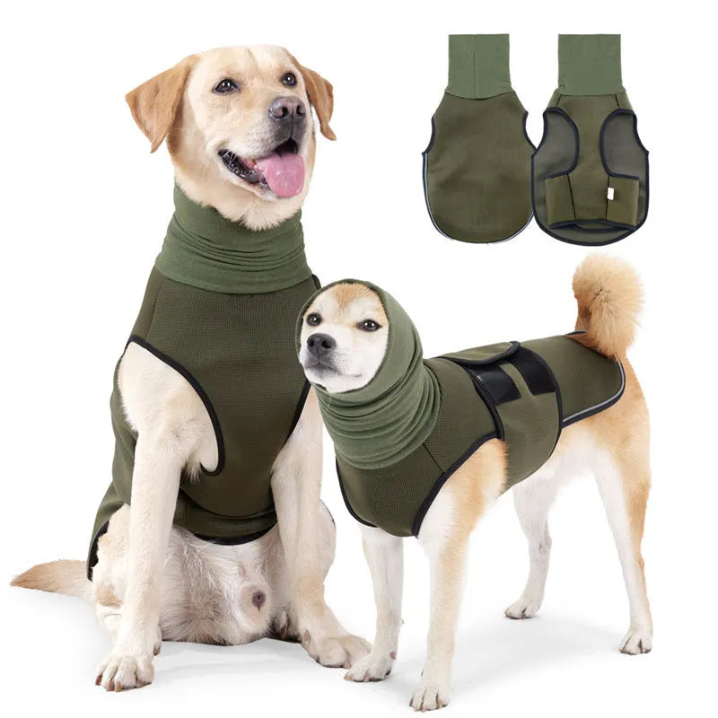Polyester dog anxiety jacket in Army Green colour showing gentle pressure design for mood soothing