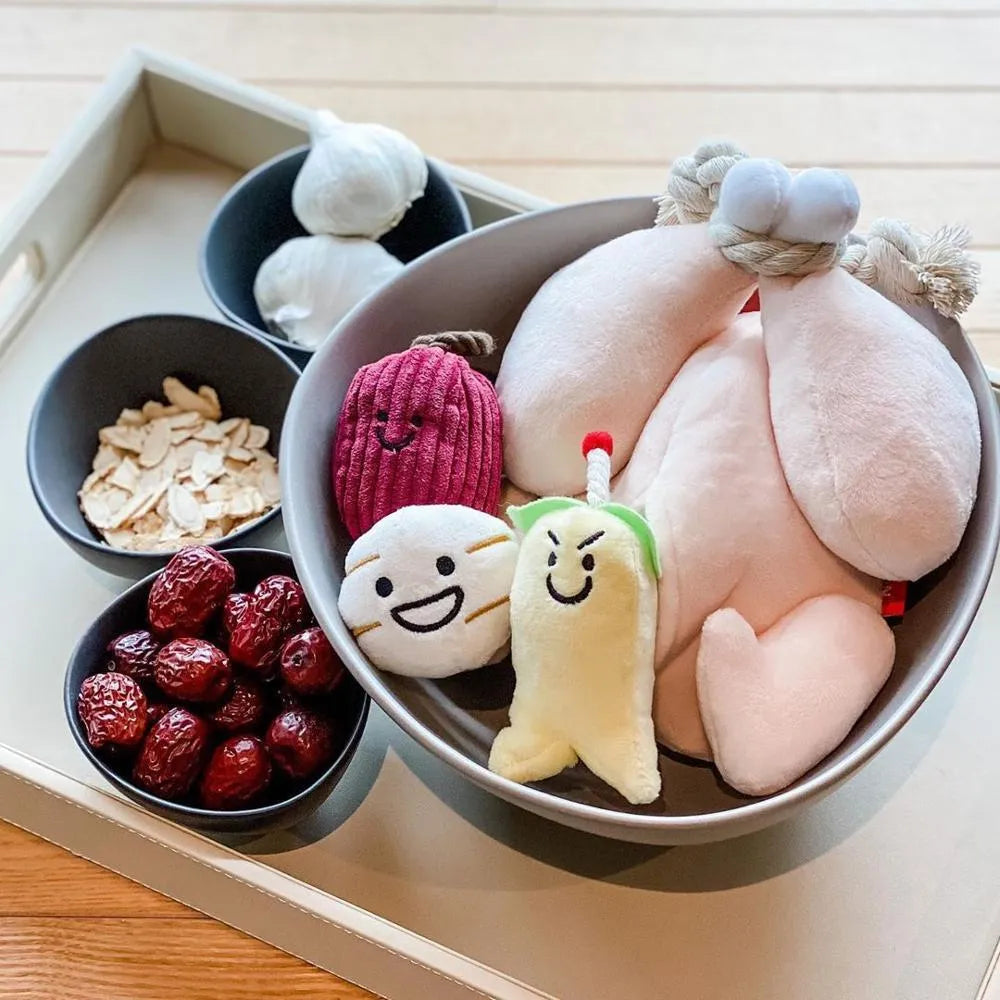 Cartoon cute pet dog cat squeaking plush sound toys chew throw set with chicken and molar rope