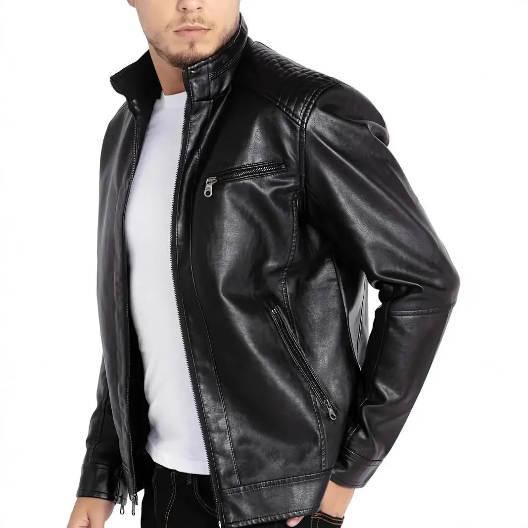 Men's punk motorcycle artificial leather jacket with stand collar in Army Green colour