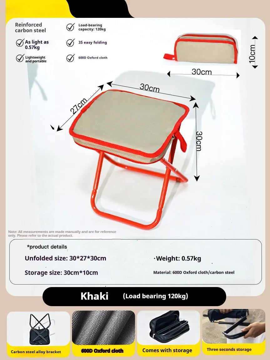 Foldable outdoor camp stool in Oxford cloth, shown in a khaki colour, compactly folded with carry handle.