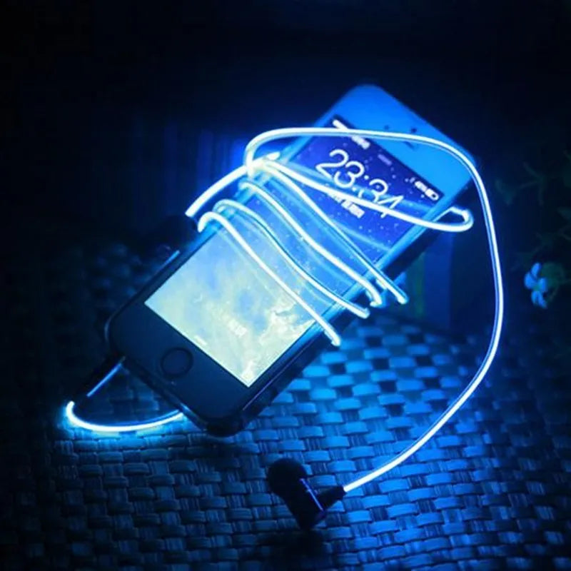 Blue Magic Light LED earphones with illuminated aluminium alloy shells showing EL light lines