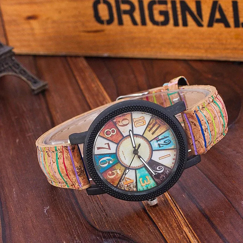 Women's vintage leather quartz watch with round 37mm dial and stainless steel buckle