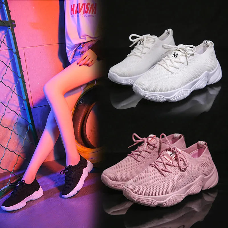 Women's white thick-soled sports shoes with woven upper, front strap, and rubber sole in multiple colour options