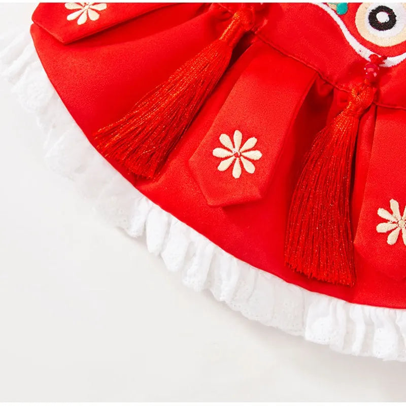 Lion dance pet costume cotton-padded red dog and cat warm clothing with tassels