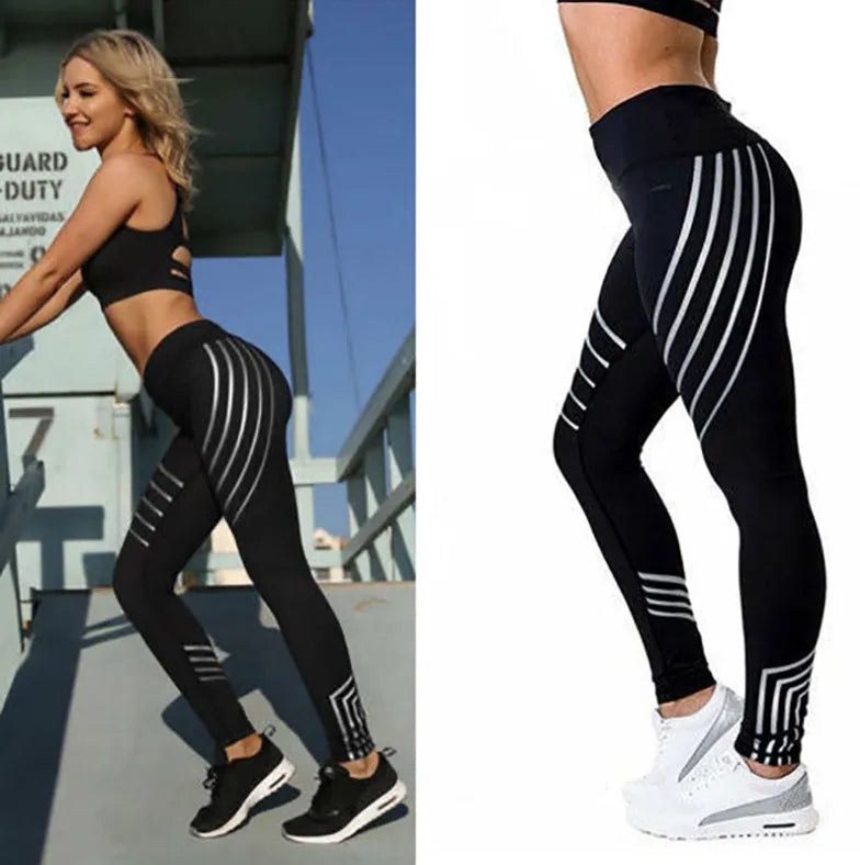 Woman wearing black glow-in-the-dark printed milk silk workout leggings for fitness.