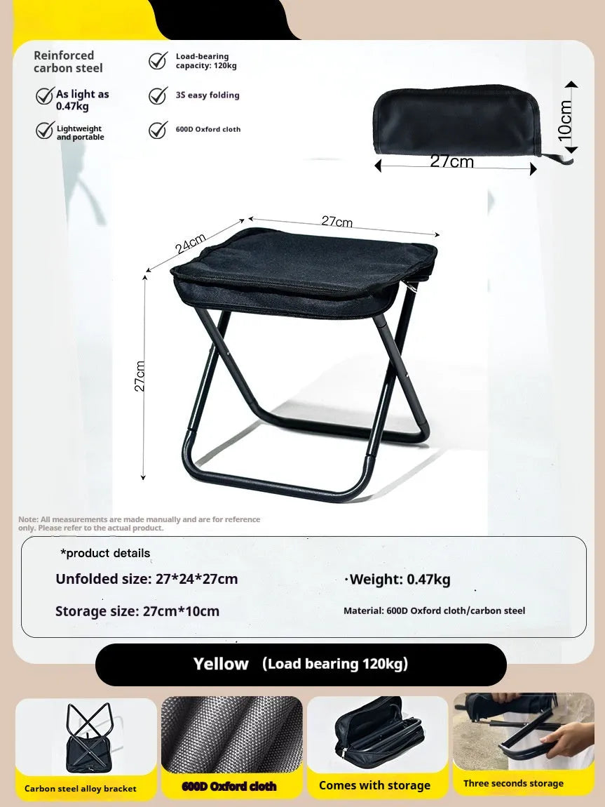 Foldable outdoor camp stool in Oxford cloth, shown in a khaki colour, compactly folded with carry handle.