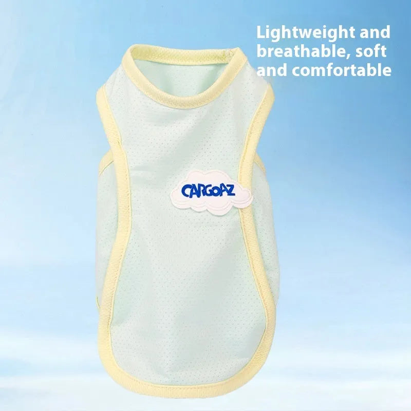 Light green polyester cat vest with a sports cut, shown on a feline model