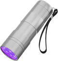 Black aluminium alloy handheld UV flashlight with tail switch, 9.8cm long, for detecting stains and insects.