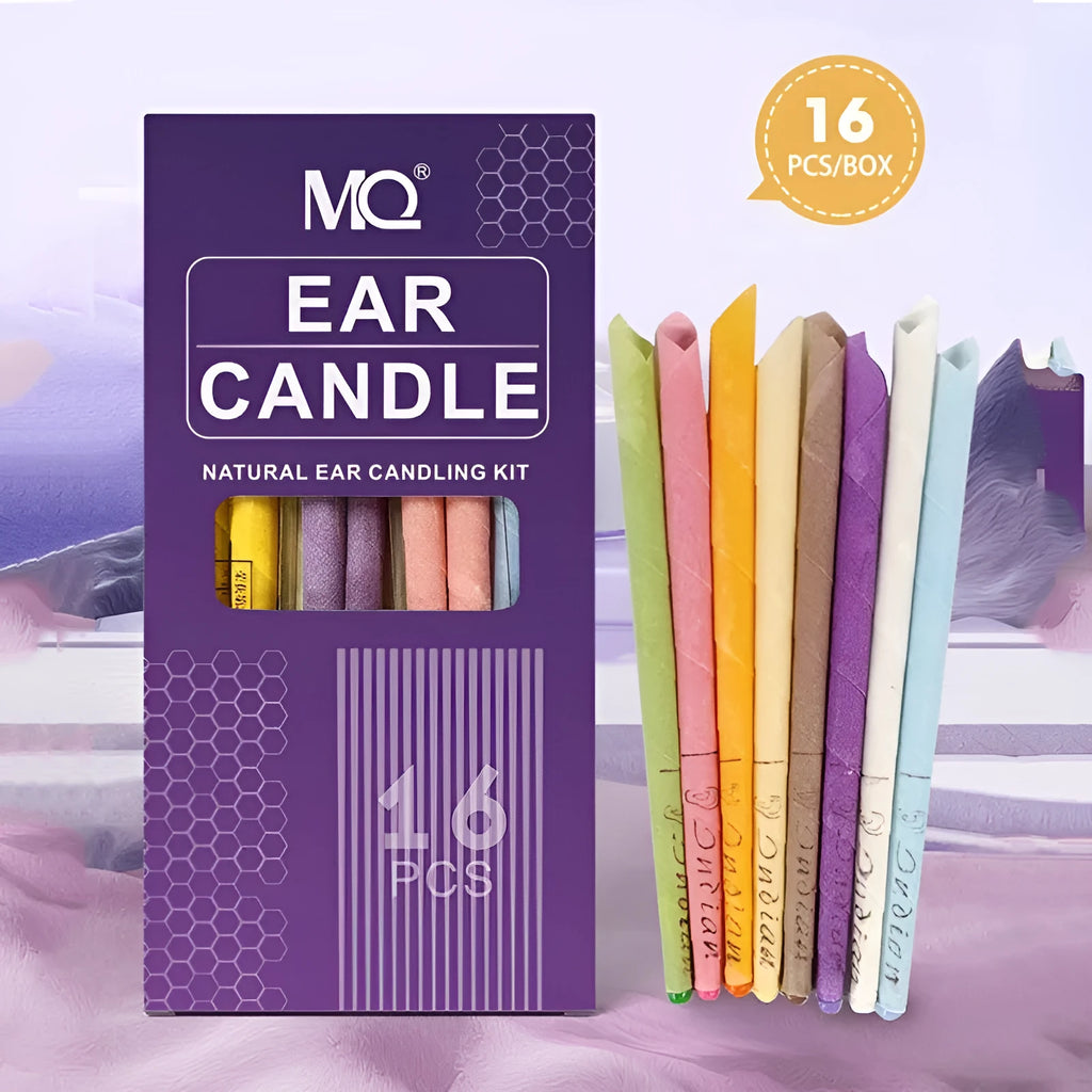 MQ Horn ear candle health massage kit showing cotton candles, protection boards, and swabs in assorted colours.