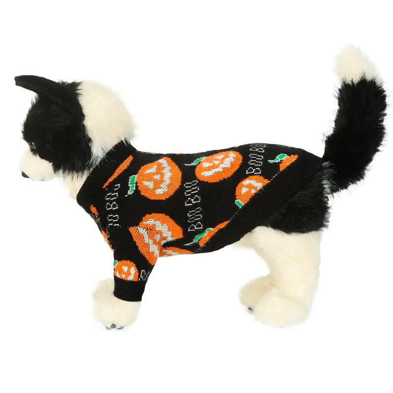 Black polyester dog sweater with orange pumpkin pattern for Halloween, shown on a dog.