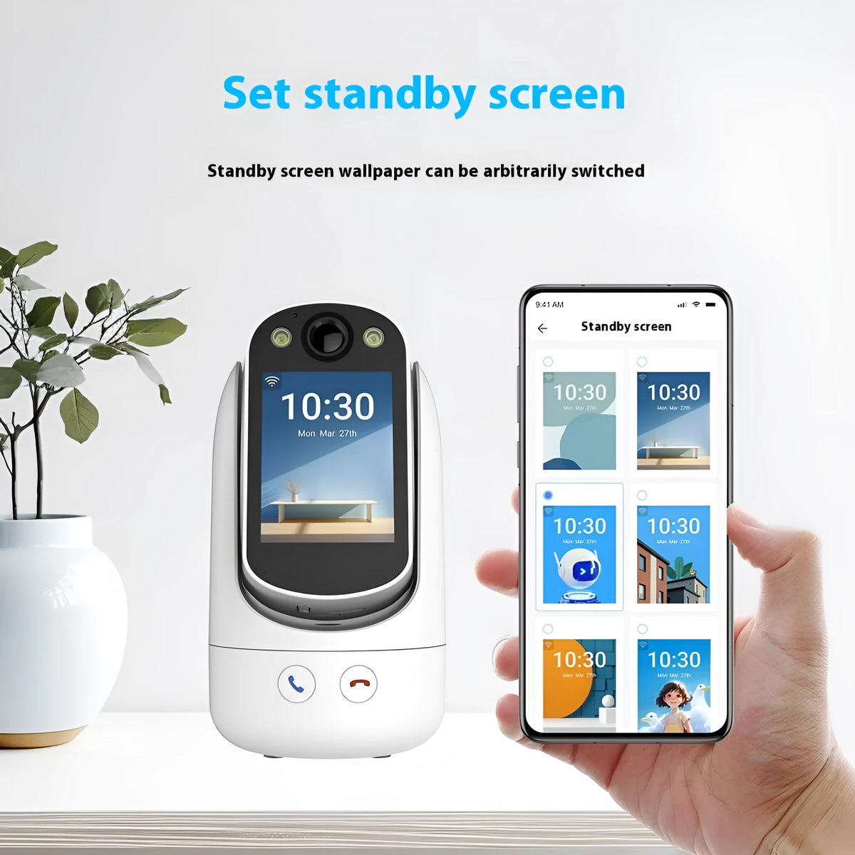C20 white two-way video call surveillance camera with 2.8-inch screen on a stand
