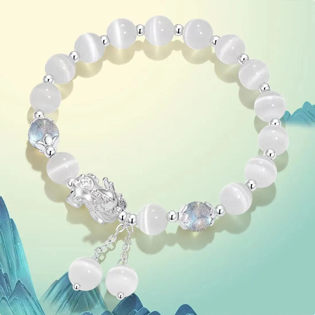 Natural black agate and grey opal couple bracelet with 10mm wave design and money painting elements