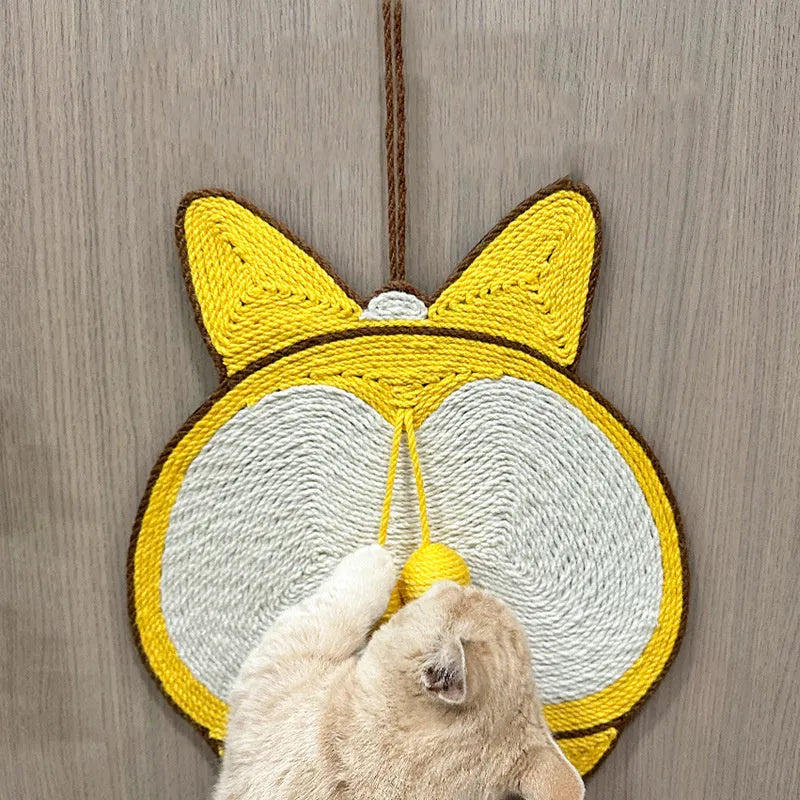 Yellow cat scratching board with Corgi designs measuring 37x40cm with sisal surface