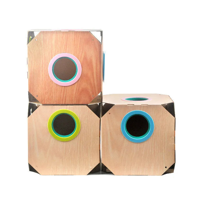 DIY multipurpose cat hiding box toy with cardboard hair removal, 38cm, scratch-resistant, style A with two circles and scratching board