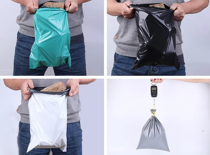 A pack of 100 clear PE courier bags for clothing with adhesive seals, shown in different sizes and colours.