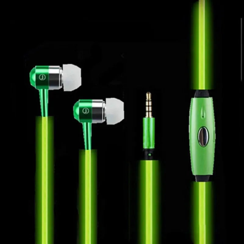 Blue Magic Light LED earphones with illuminated aluminium alloy shells showing EL light lines