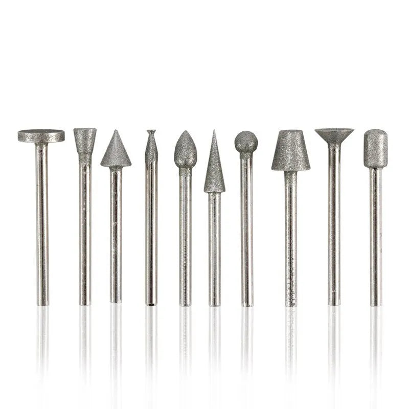 Set of alloy emery grinding heads with elliptical cone shape and 3mm shank.