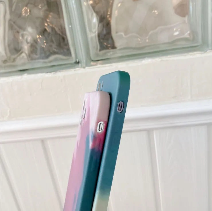 Soft silicone iPhone case with abstract oil painting gradient geometry pattern in blue, green, pink, or purple